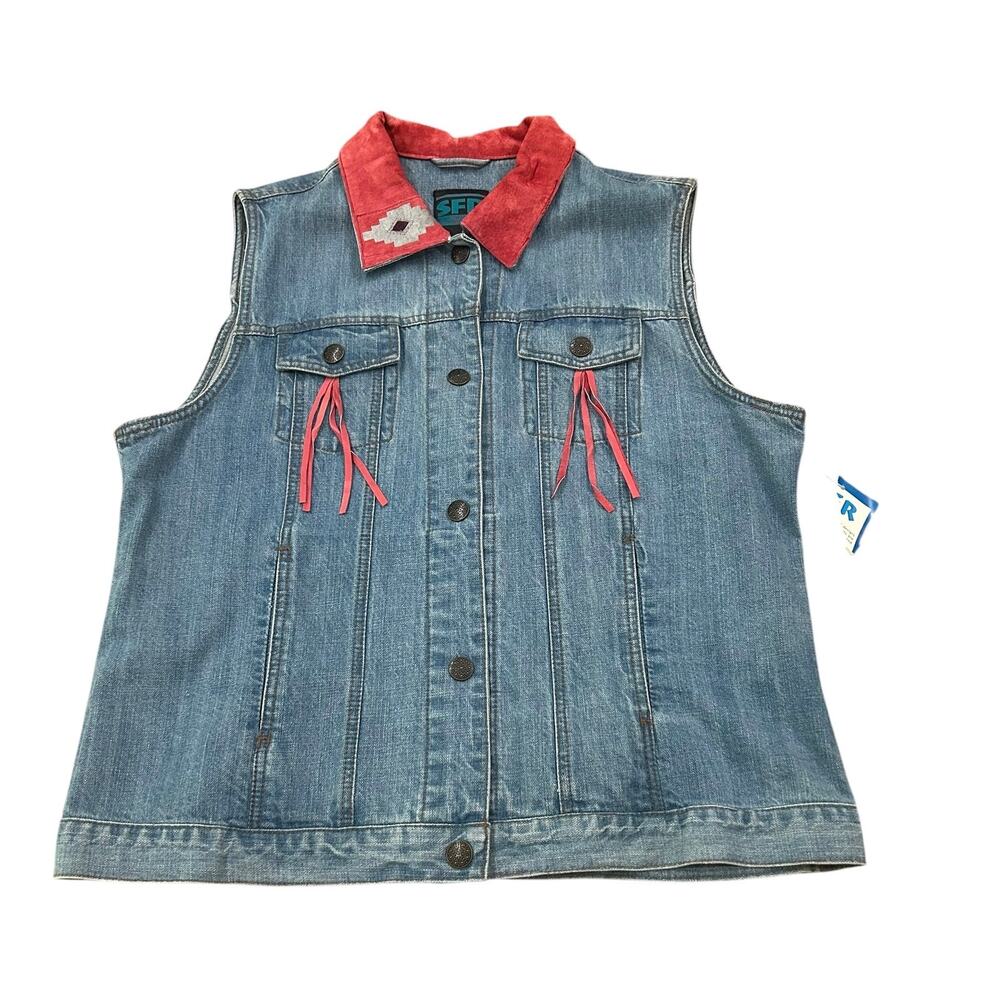 NWT Southwestern Denim Vest Red Suede fringe Western Ranchwear Oversized XL -